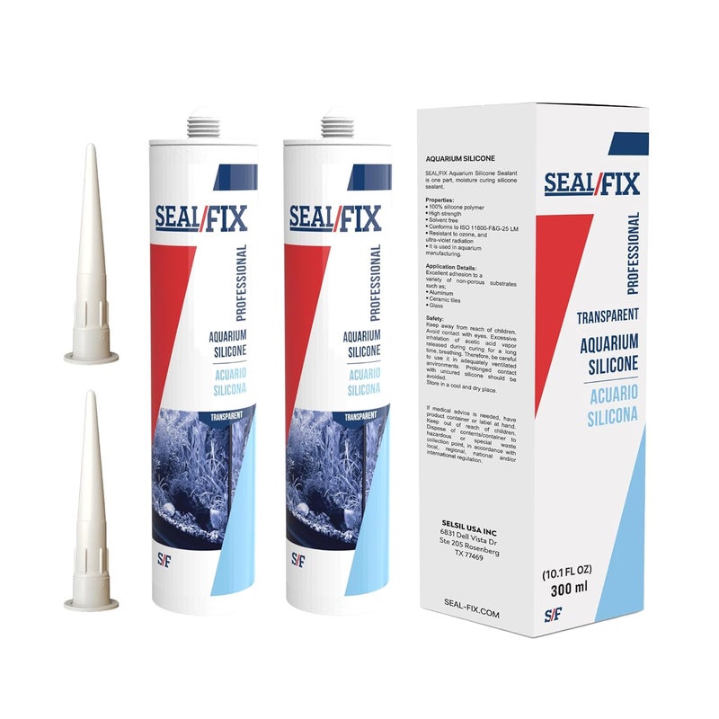 SEAL/FIX سيليكون حوض السمك Seal/Fix شفاف - سيليكون آمن للأسماك لأحواض المياه العذبة والمالحة، مقاوم للماء، غير سام، لاصق مرن للزجاج، إصلاح التسربات والزينة (2 × 10.1 أونصة سائلة، عبوتان) - Image 1